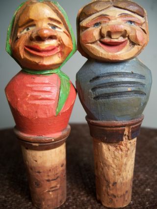 Vintage Carved Wood Figures Wine Bottle Stoppers Corks - 2pc. photo