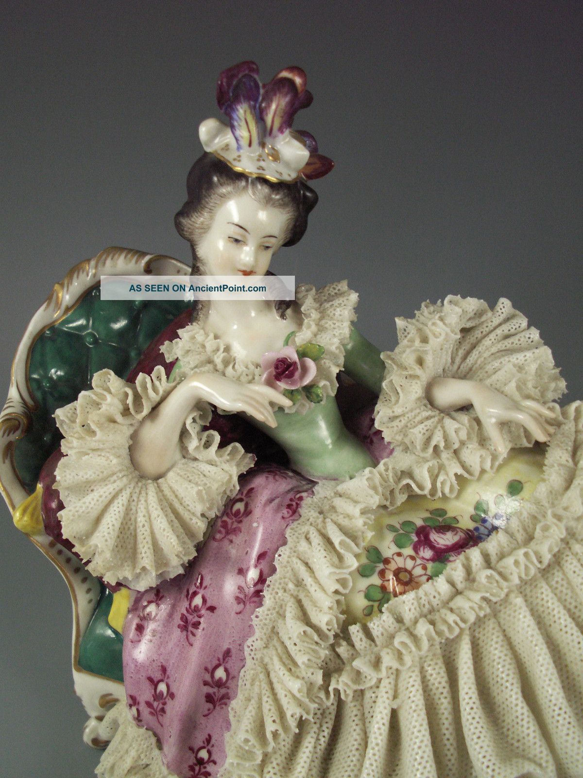 Antique German Volkstedt Dresden Lace & Pink Roses Lady Recamier Sofa Figurine Figurines photo