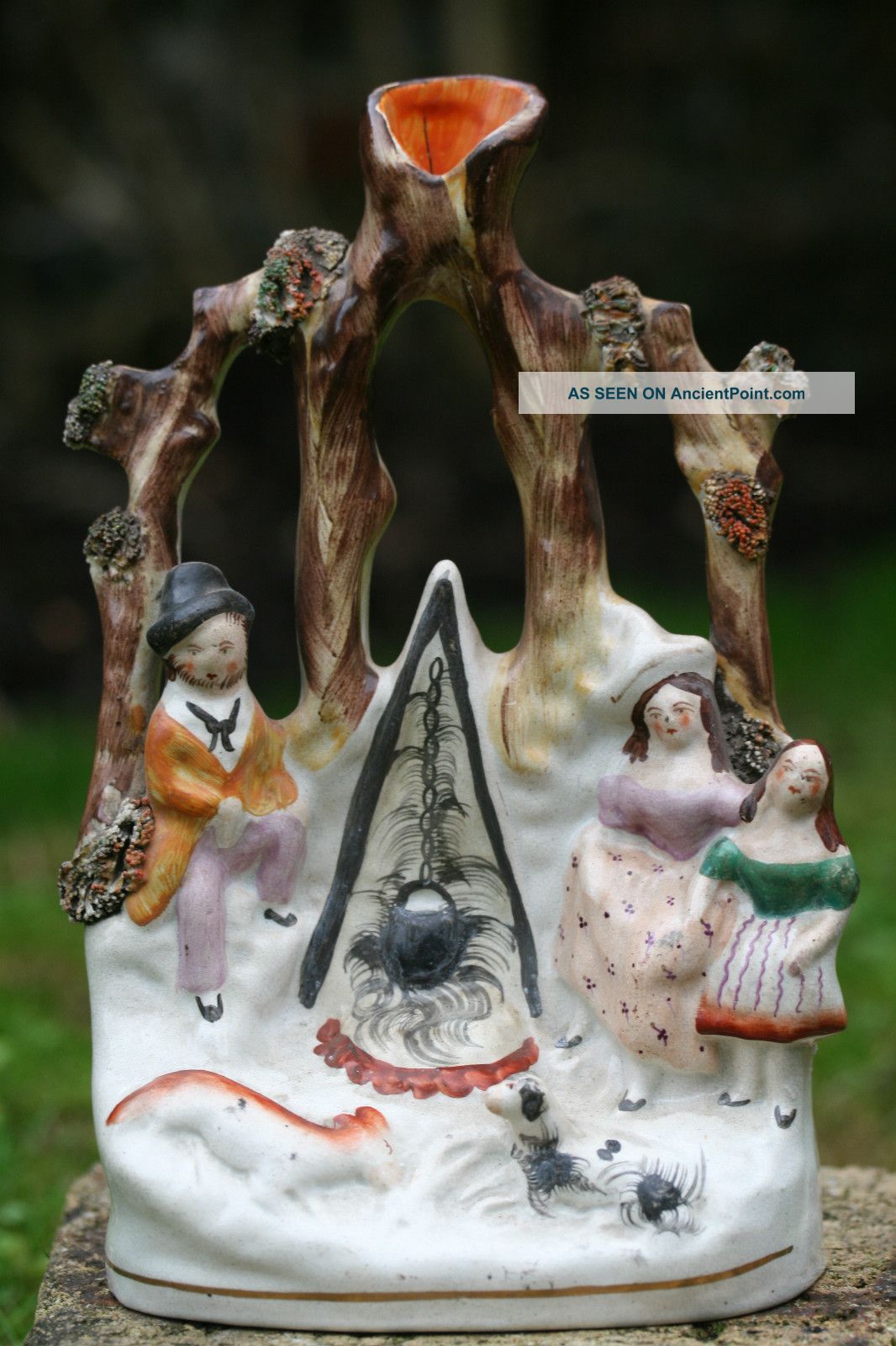 19th C.  Staffordshire Of Gypsy Figurine Group & Cauldron With Spill Vase Figurines photo