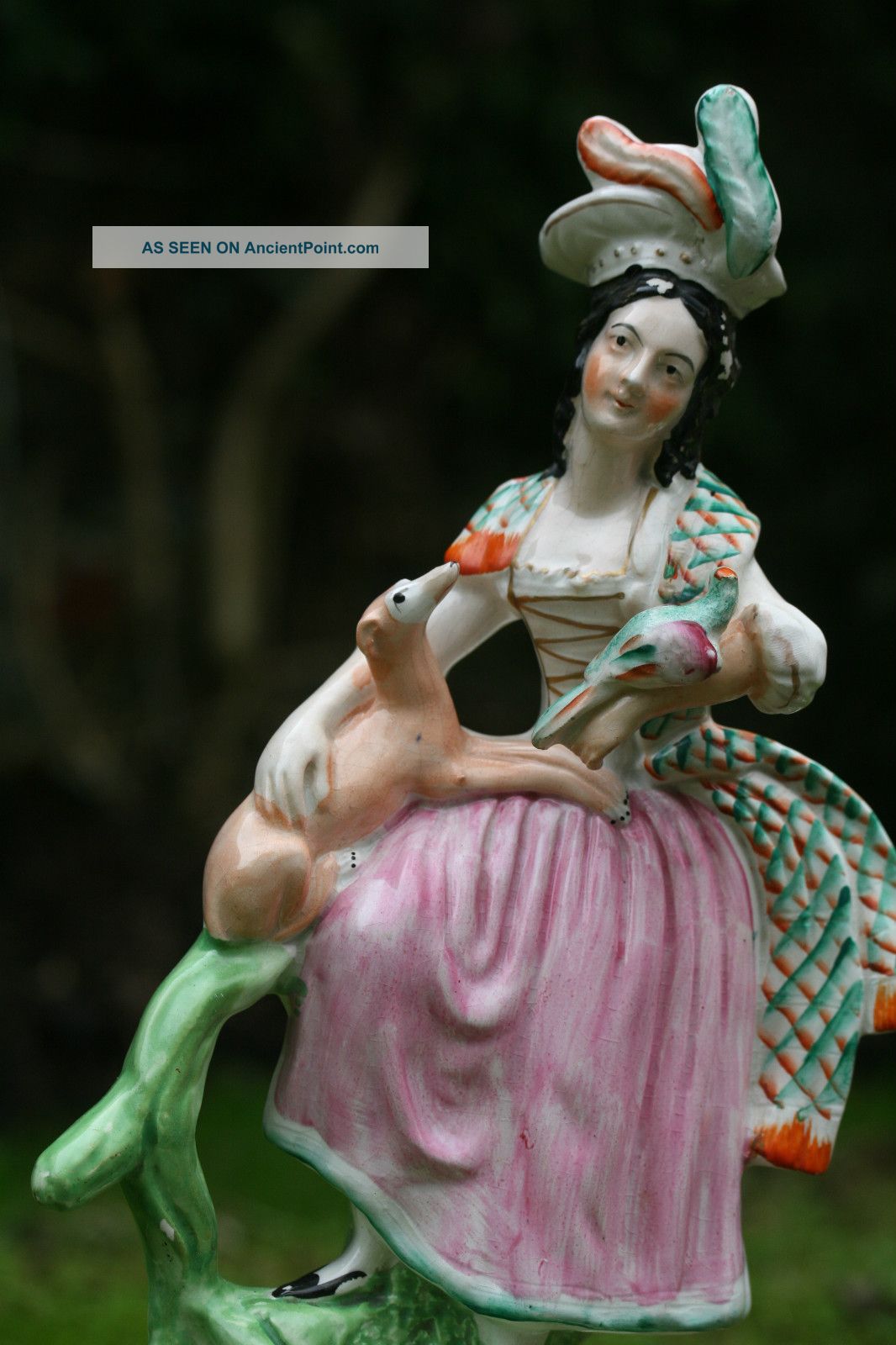 19th C.  Staffordshire Of A Female Figurine With A Dog & Parrot Figurines photo