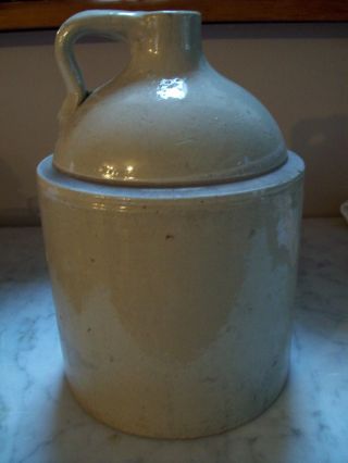 Antique Primitive White Stoneware Crock Whiskey Jug photo