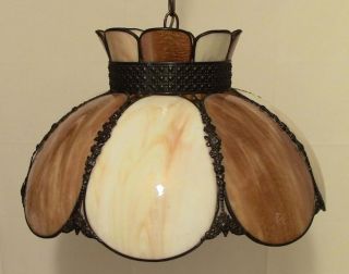 Vintage Stained Glass Ceiling Fixture Lamp Shade Light 8 Panel As - Is One Crack photo