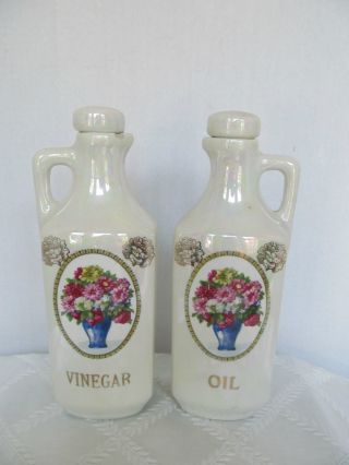 Antique Czechoslovakia Oil & Vinegar Bottle Set With Stoppers,  Lustre Porcelain photo