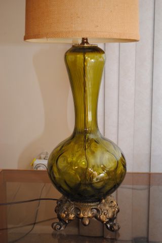 Mid Century Modern Optic Swirl Glass Bronze Base Lamp Vintage Eames Era photo