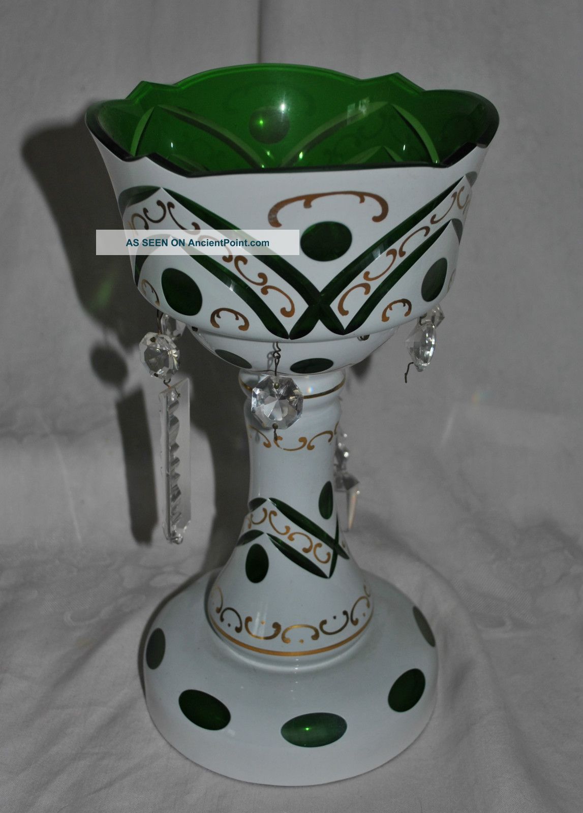 Antique 20s Bohemian Green,  White Cased Glass Prism Mantle Lusters Compote - 12 