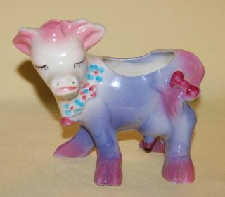 Vintage Porcelain Ceramic Pottery Darling Pink & Purple Cow Figurine/planter photo