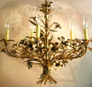 Elegant Italian Gold - Leaf Tole Chandelier Handpainted Gilt Metal Flowers 1950 ' S photo