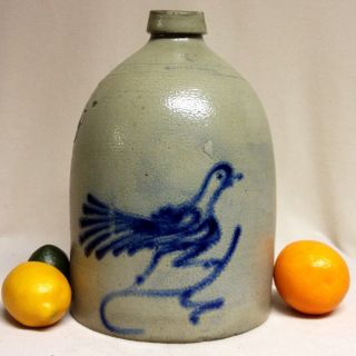 Antique Stoneware: 2gal.  Whites Utica (ny) Jug W/ Cobalt Bird,  Ca.  1870 photo