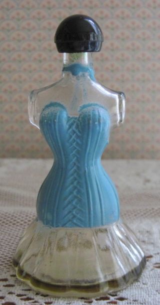Vintage Glass Figural Lioret Perfume Bottle Dress Form W/blue Corset Imagination photo