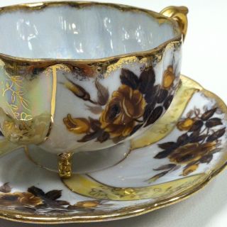Antique Iridescent Footed Tea Cup And Saucer Floral Fall Colors photo