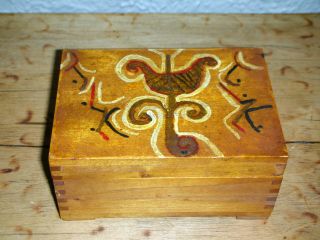 Handmade Dovetail Lidded Wooden Box With Primitive Bird Figure Painting photo