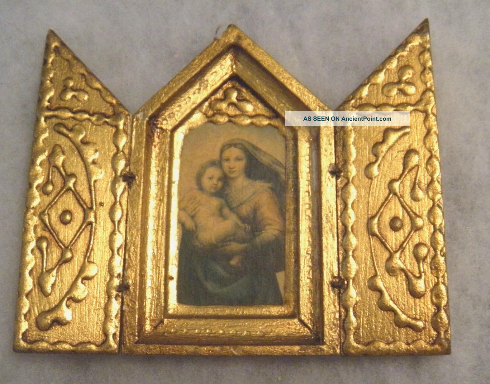 Antique Italian Florentine Woodenware Triptych Frame Madonna & Child Raffaello Other photo