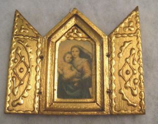 Antique Italian Florentine Woodenware Triptych Frame Madonna & Child Raffaello photo