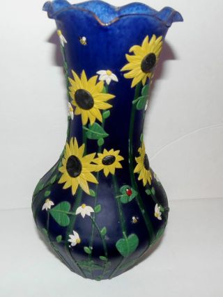 Hand Crafted Vase - Sunflowers And Ladybugs - One Of A Kind Blue Glass photo