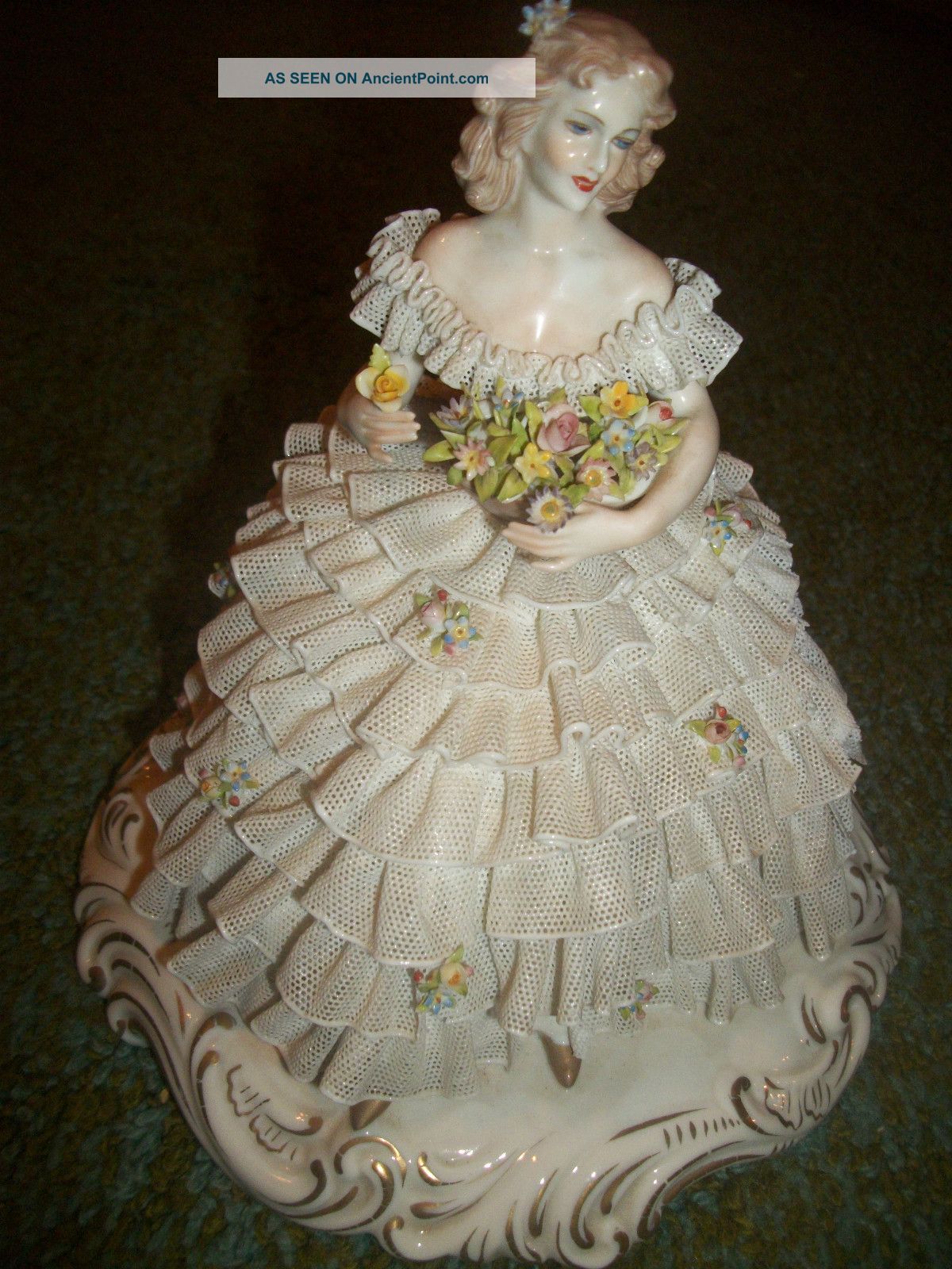 Antique Royal Crown 1886 Italy Porcelain Lace Figurine Large Woman Flowers Figurines photo