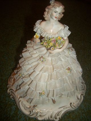 Antique Royal Crown 1886 Italy Porcelain Lace Figurine Large Woman Flowers photo