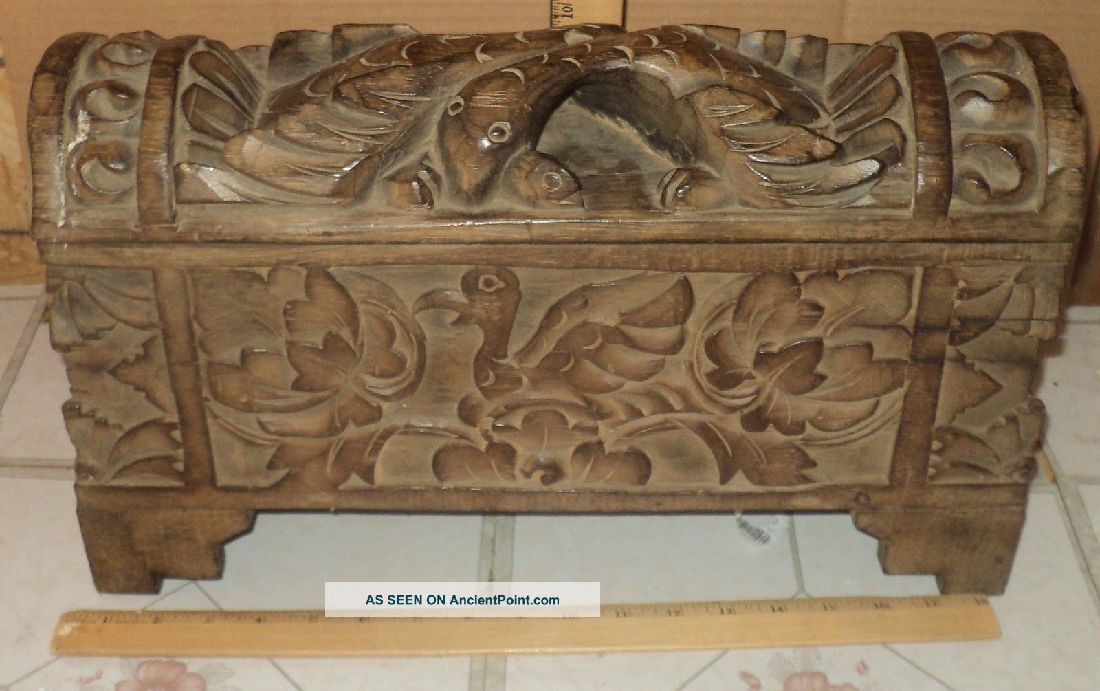 Antique Carved Wood Box Flamingo Bird Hinged Hinges Leaves 11  X 18  Square Boxes photo