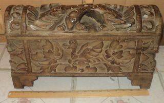 Antique Carved Wood Box Flamingo Bird Hinged Hinges Leaves 11  X 18  Square photo