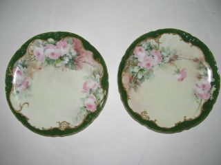 Haviland Porcelain Plates Set Painted Dessert/collector Display Green/pink Roses photo