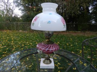 Vintage Fenton Pink Opalescent Hurricane Lamp - Handpainted Milkglass Shade photo