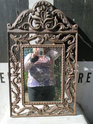 Antique Cast Iron Decorative Ornate Scrolled Wall Mirror Hanging Vintage photo
