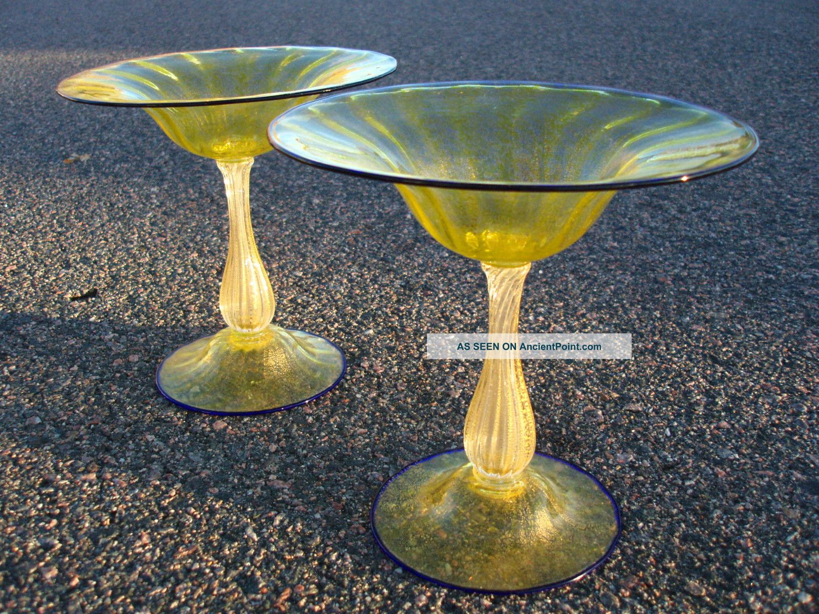 2 - Murano Art Glass Bowl Compote Sculpture Stemware By Salviati & Co.  Gold Flake Vases photo