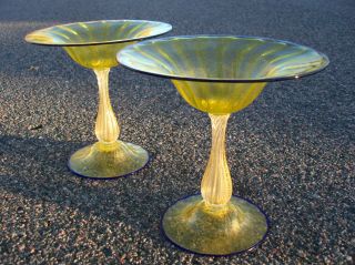 2 - Murano Art Glass Bowl Compote Sculpture Stemware By Salviati & Co.  Gold Flake photo