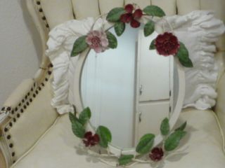 Vintage Italian Tole Easel Back Mirror Pink Red Flowers Floral photo