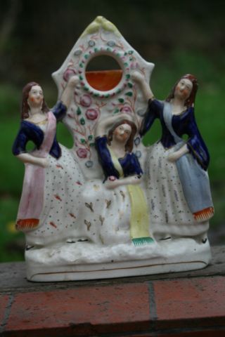 19th C.  Staffordshire Of Three Female Figurines & Birds With Watch Holder photo