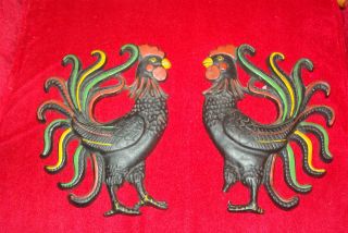 Retro Pair Roosters Cast Iron Wall Decor Chicken Fighting Cock Painted Vintage photo