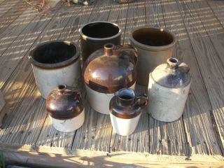 Antique 7 Crocks Including Pitcher And Jugs photo