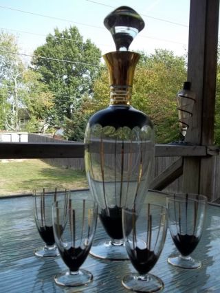 Vintage Art Deco Black And Gold Decanter And 4 Footed Cordials - Awesome Set Vgc photo