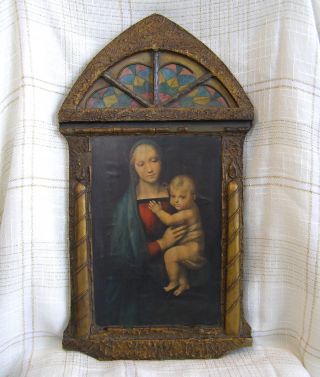 Antique Vtg Religious Icon Christianity Art Madonna,  Wood,  Gesso,  Gilt Shrine photo