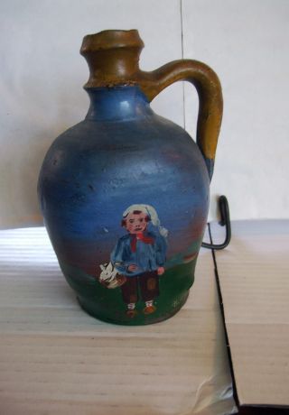 Antique Pottery Stoneware Jug Hand Painted Folk Art Boy With Rabbit In Basket photo