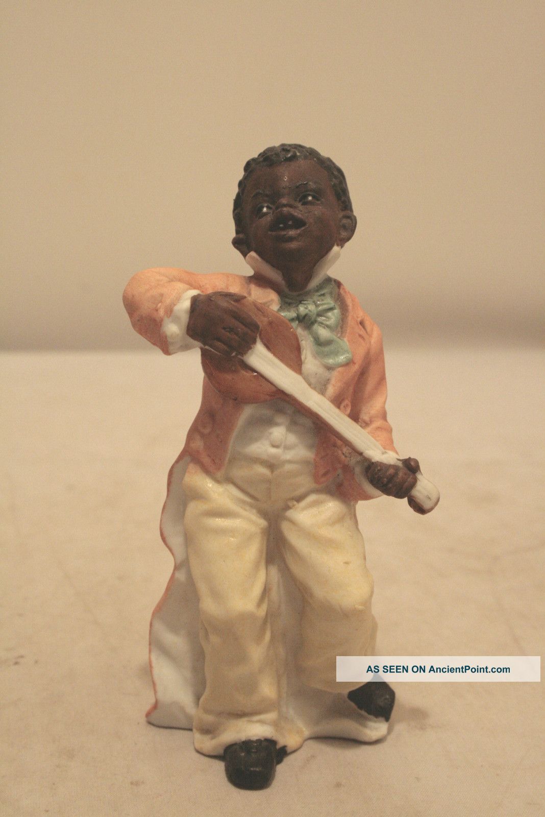 Early Porcelain Huebach Figure African American Boy Playing Banjo 4.  25 
