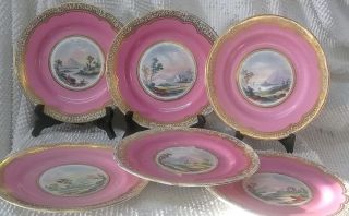 Antique English Bone China Hand Painted Romantic Scenic Set Of 6 Dessert Plates photo