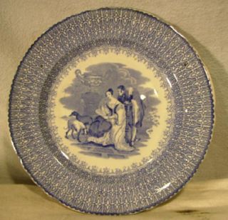 Blue & White Transfer Plate Man,  Woman & Dogs Circa 1850 photo