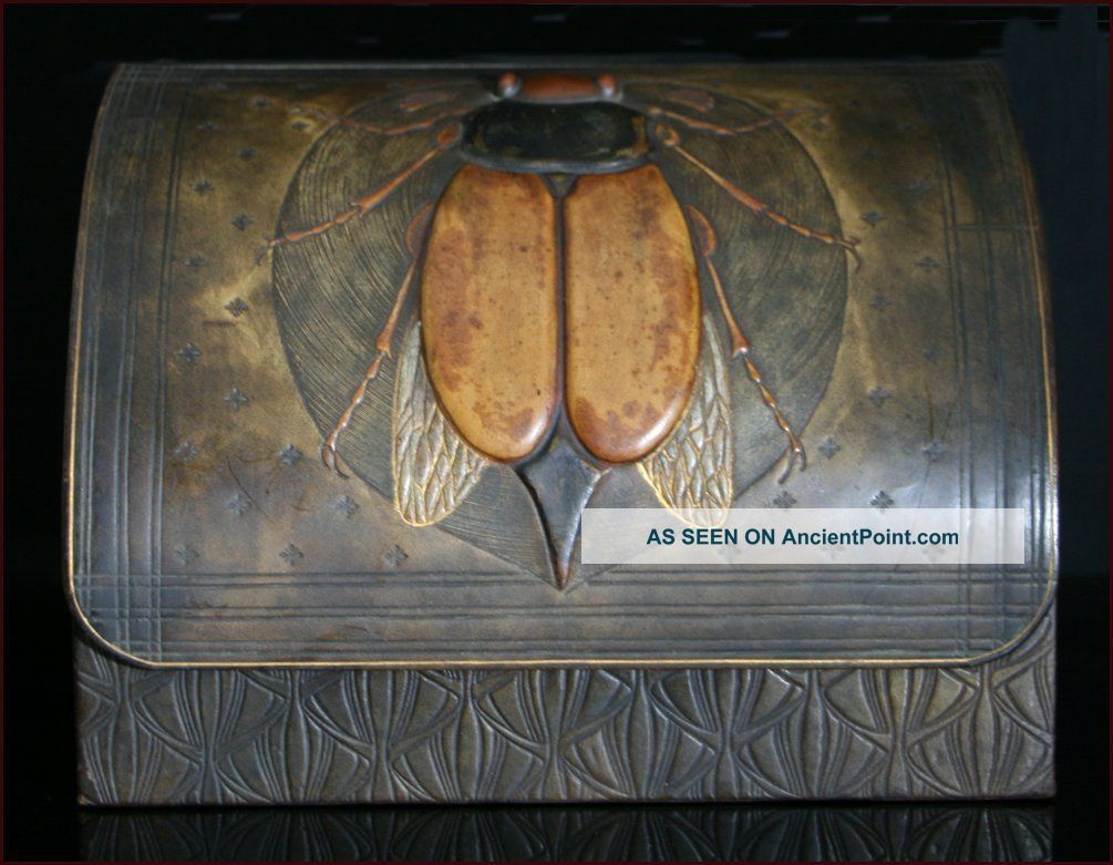 Rare Antique Art Nouveau Leather Wood Beetle Letter Box Boxes photo