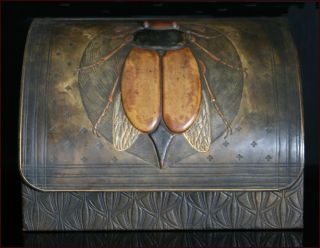 Rare Antique Art Nouveau Leather Wood Beetle Letter Box photo