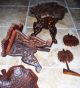 7 Carved Wood Items From India - - - Leafs,  Palm Tree,  2 Hinged Stands +++ Carved Figures photo 1