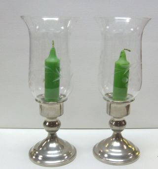 Hanle Pewter Candlestick Holders & Chimneys Etched Glass Hurricane Lamps photo