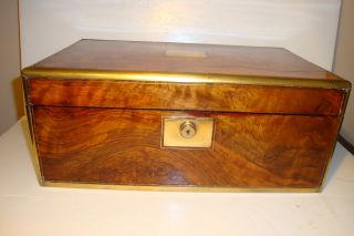 Stunnning Antique 19th C English Writing Slope Box W/ Brass Trim & Orig.  Key - photo