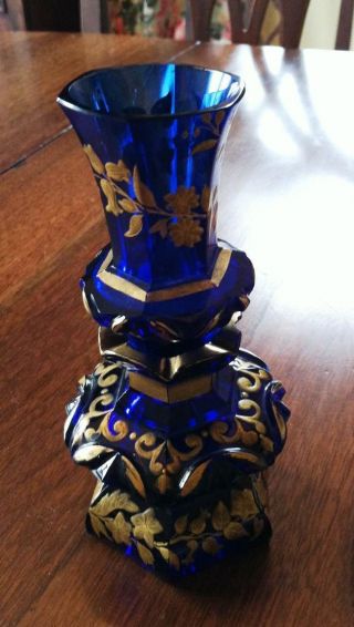 Antique Cobalt Blue Glass Gilt Decanter Cup Perfume Bottle Baccarat Moser 19th C photo