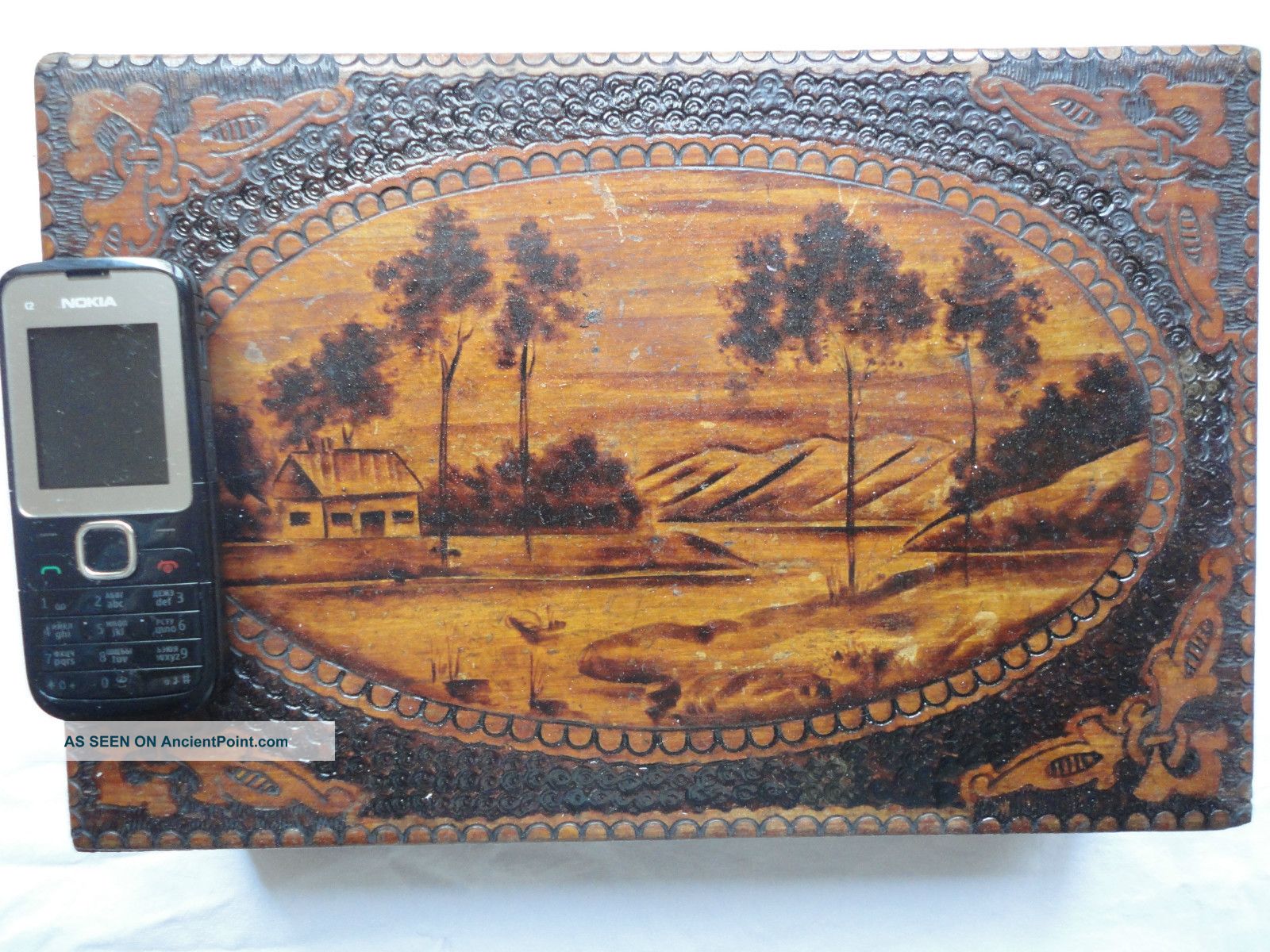 Antique Large Wooden Jewelry Box Handcrafted Painted Pokerwork 19th Century Art Boxes photo