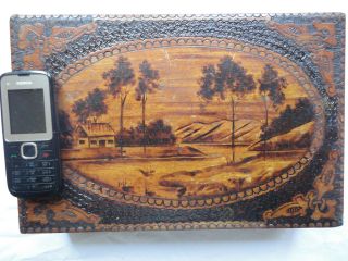 Antique Large Wooden Jewelry Box Handcrafted Painted Pokerwork 19th Century Art photo
