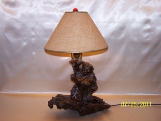 Gorgeous Mid Century Burl Wood Table Lamp Red Glass Fennial photo