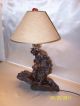 Gorgeous Mid Century Burl Wood Table Lamp Red Glass Fennial Lamps photo 2