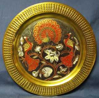 Vintage Peacock Bird Brass Bronze Tin Hand Crafted & Painted Decorative Platter photo