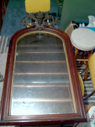 Antique Glass Mirror & Wood Frame With Ornate Carved Pediment photo