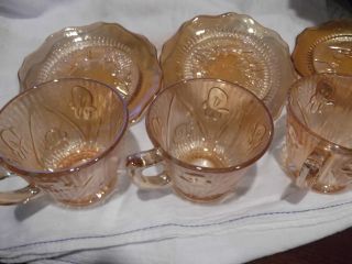 Iris & Herringbone - 3 Cups - 3 Saucers - Carnival Glass photo